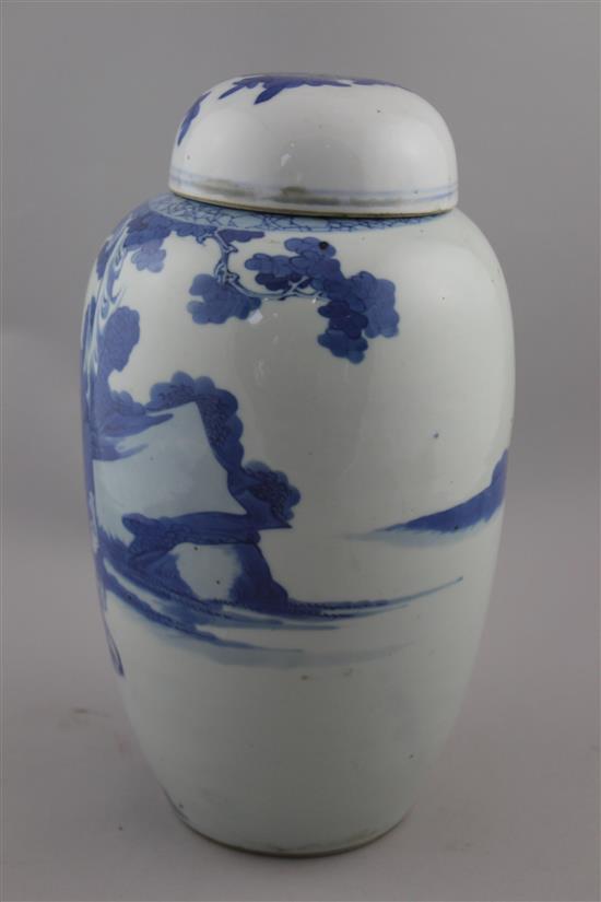 A Chinese blue and white ovoid jar, 19th century, 27cm, associated cover